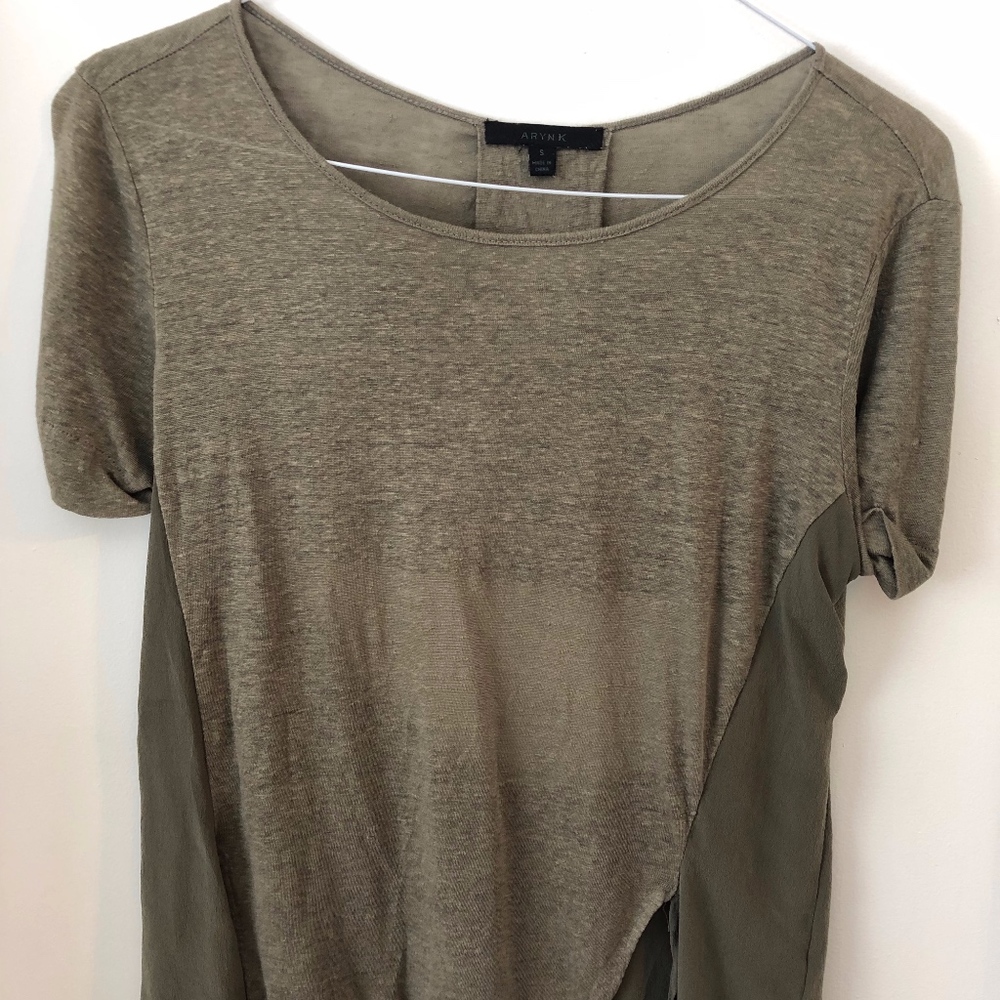 Olive green Linen & Silk t-shirt open back